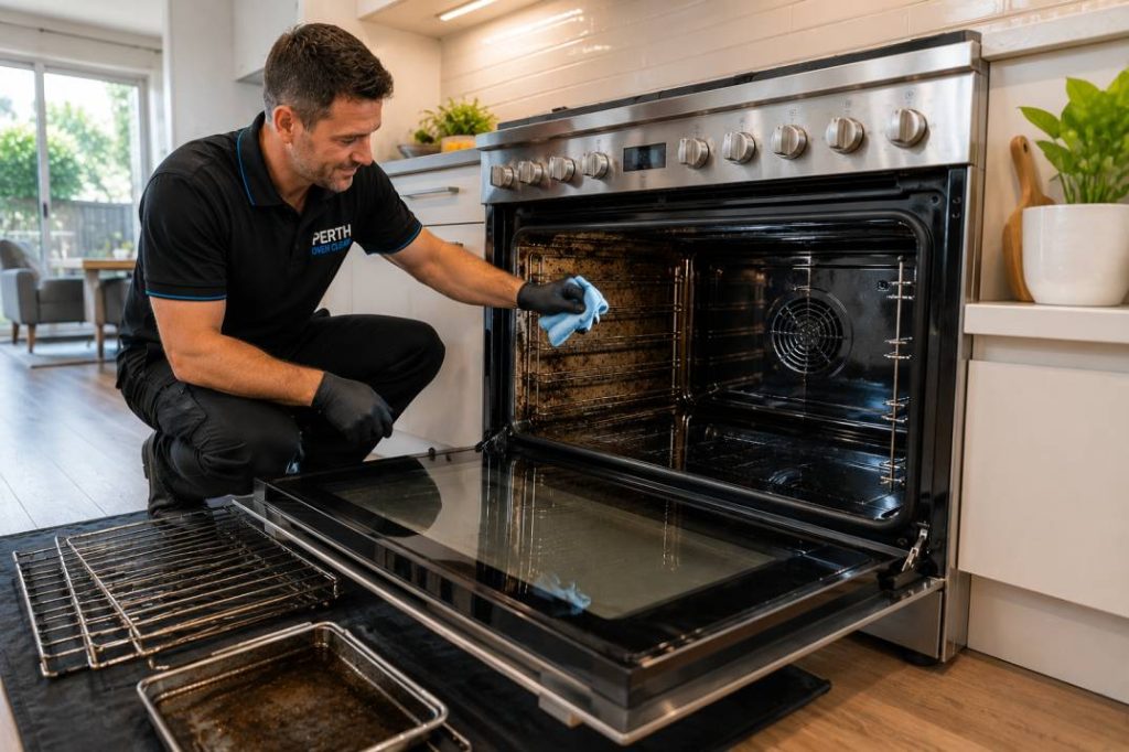 Professional 900mm oven cleaning service in Mandurah with oven racks removed for deep cleaning