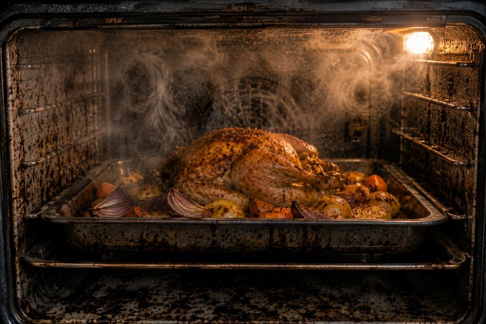 Food cooking inside dirty oven with grease buildup