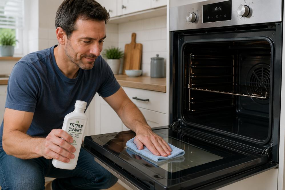 Person doing a quick weekly oven clean with cloth and kitchen cleaner