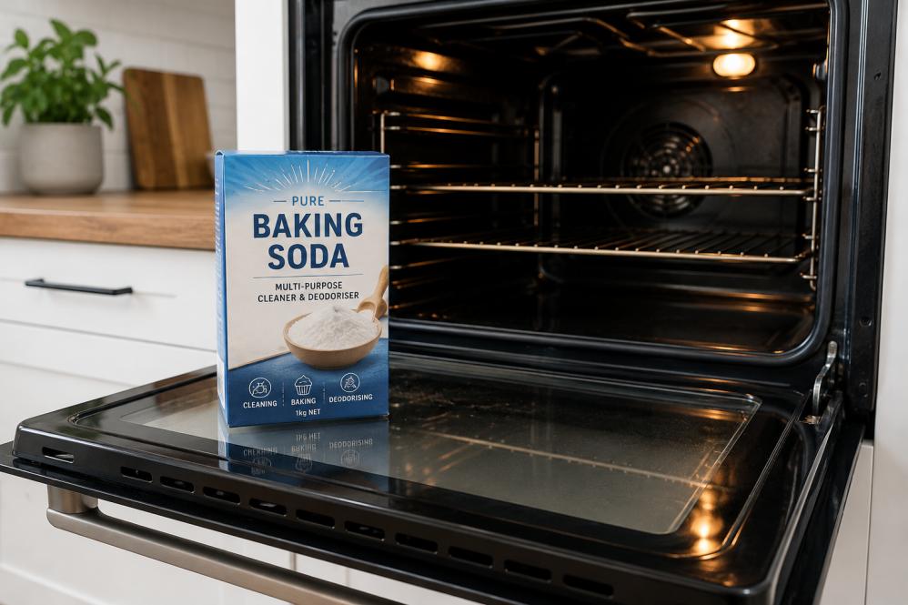 Packet of baking soda sitting on an open oven door ready for cleaning oven glass and removing baked-on grease.