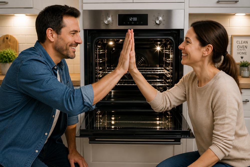 Happy homeowners high-fiving in front of a sparkling clean oven
