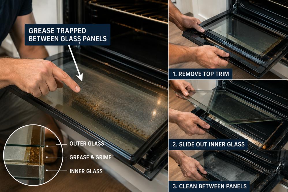 Man carefully removing an oven door panel to clean grease trapped between the oven glass layers.