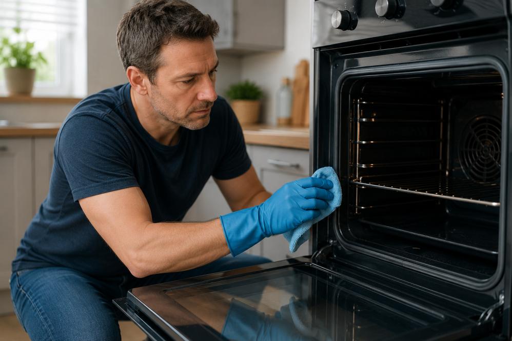 Homeowner cleaning rubber seal around oven door with cloth and gloves