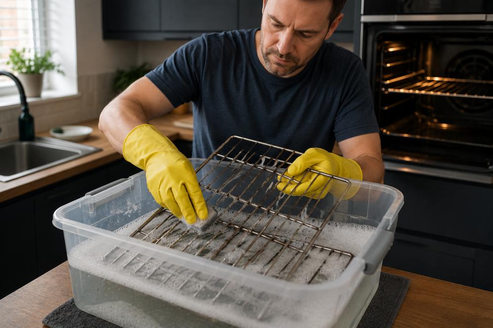 Man cleaning oven racks in plastic tub with soapy water and rubber gloves