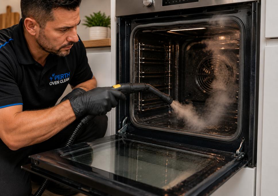 Professional oven cleaner using a steam cleaner around the rubber door seals during a deep oven clean.