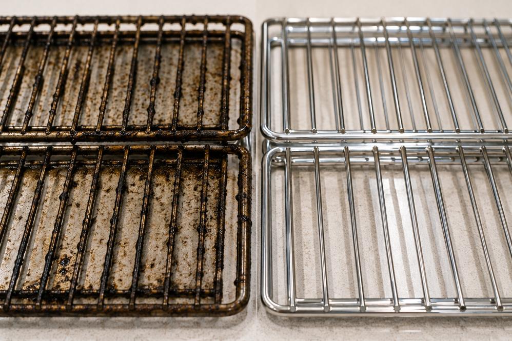Dirty oven racks compared with professionally cleaned oven racks