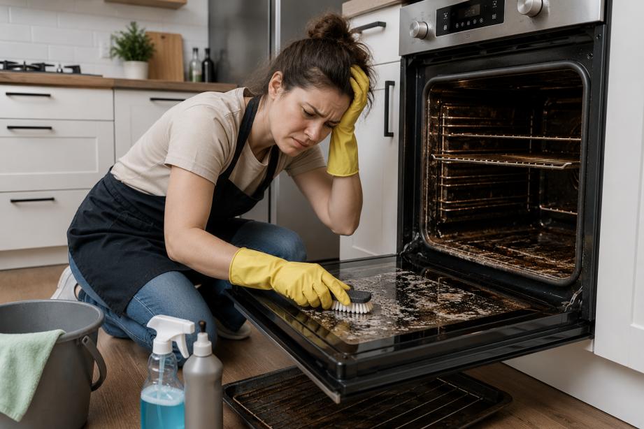 Homeowner frustrated while cleaning dirty oven in Mandurah kitchen