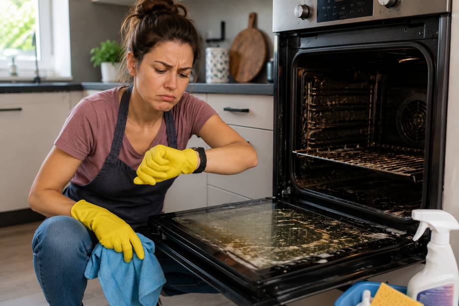 Frustrated woman checking her watch while cleaning a dirty oven at home