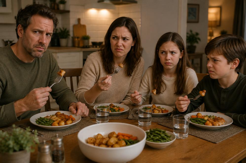 Family at dinner table reacting to strange tasting food caused by dirty oven smells
