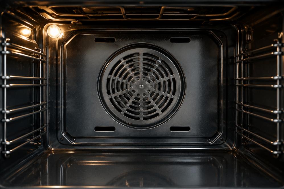 Clean fan-forced oven interior showing rear fan and spotless oven racks