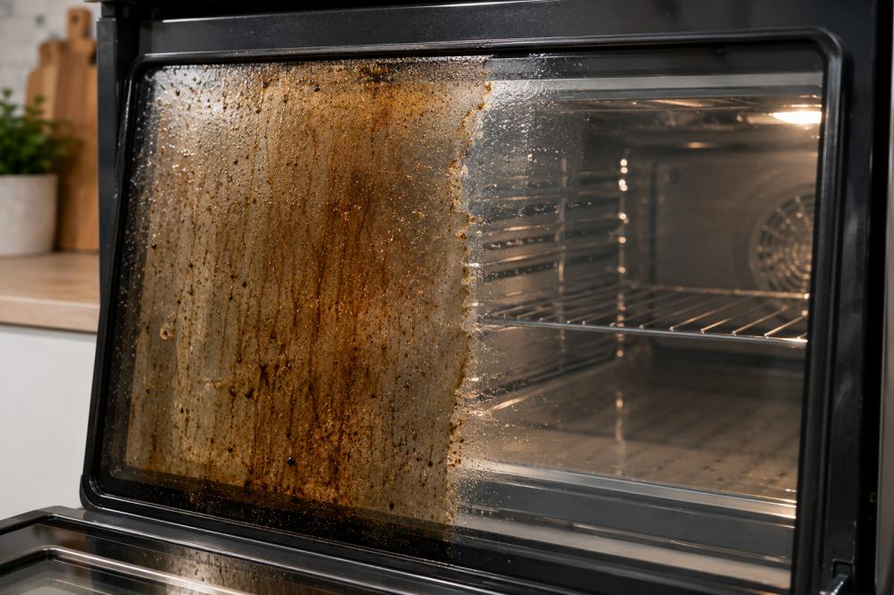 Cloudy greasy oven door glass covered in baked-on grime