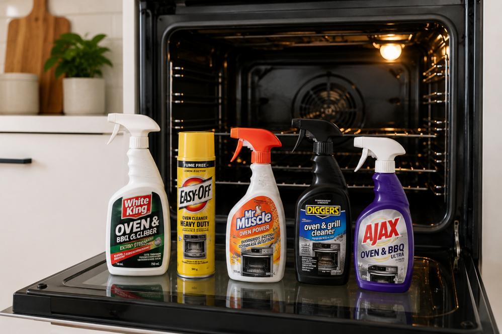 Open oven with supermarket oven cleaning chemicals sitting on the oven door