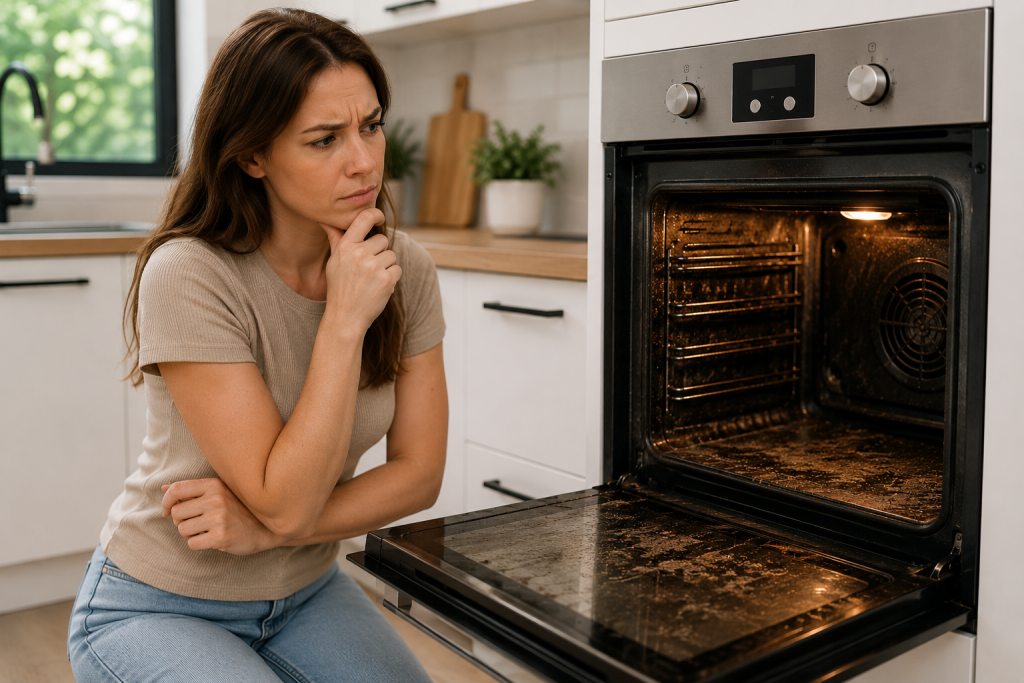 Mandurah homeowner looking at a dirty oven while considering professional oven cleaning services