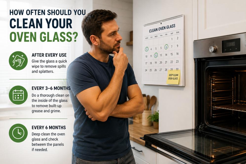 Man standing beside an oven looking at a calendar deciding when to clean the oven glass next.