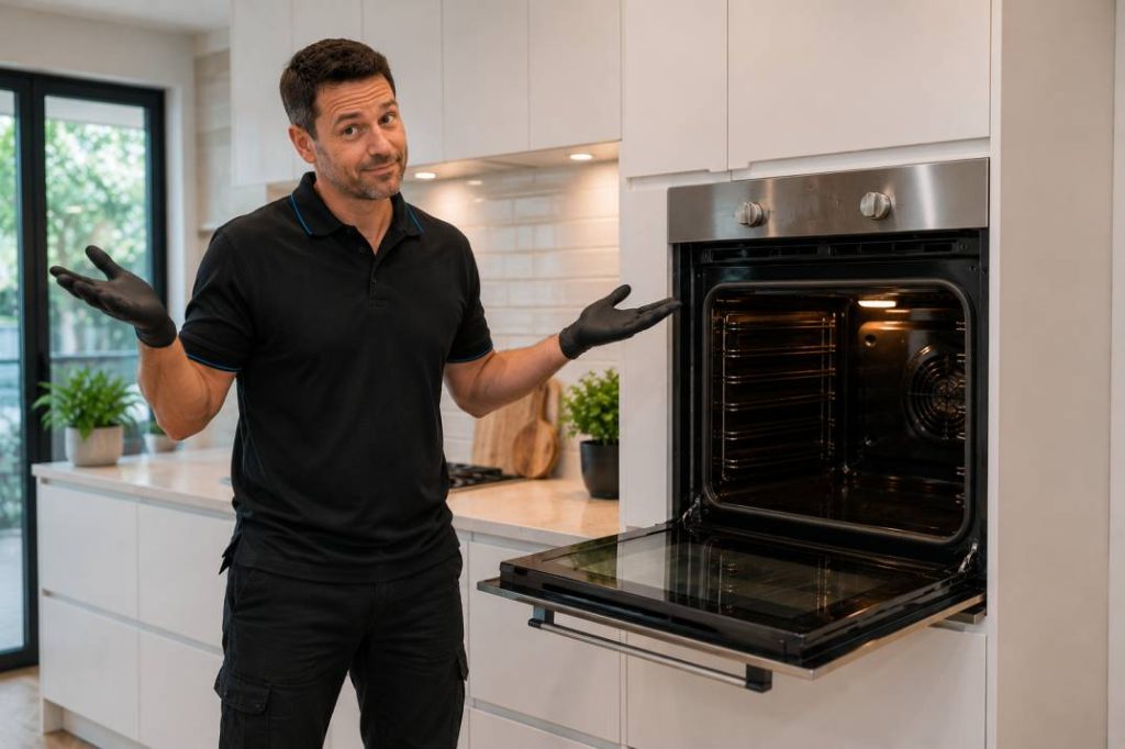 Professional oven cleaner in Mandurah standing beside a freshly cleaned oven in a modern kitchen