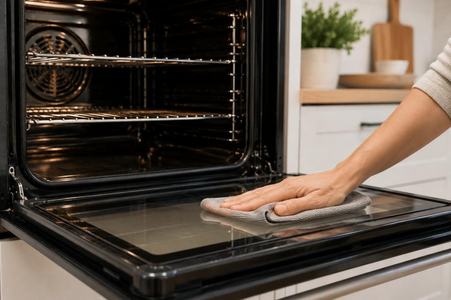 Cleaning oven door glass in modern Mandurah kitchen