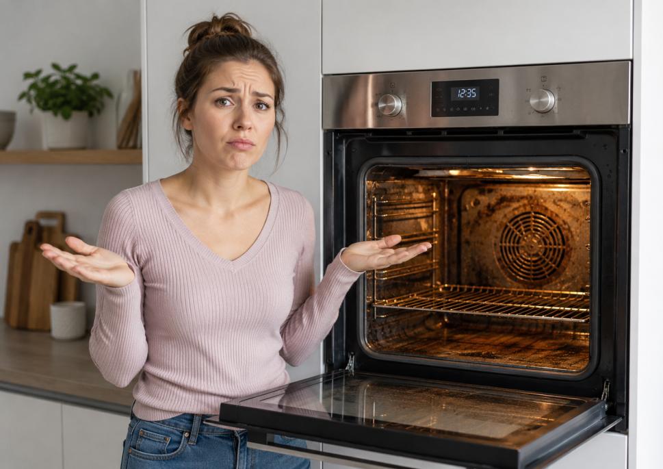 Woman standing in front of an oven looking confused and wondering if her oven needs a professional deep clean.