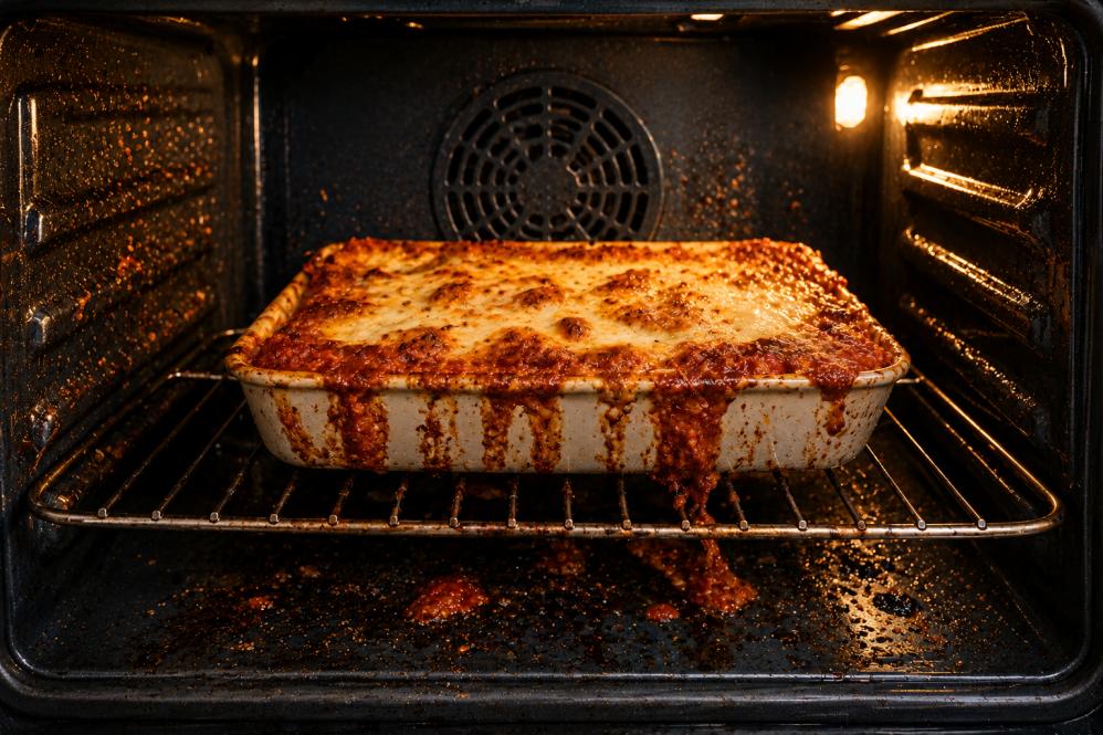 Lasagna overflowing in oven causing grease and food buildup
