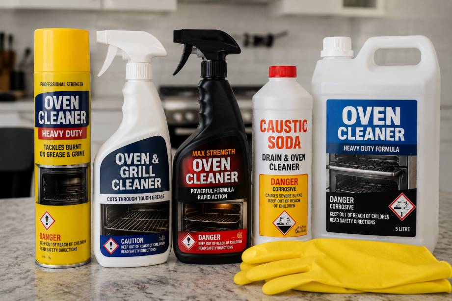 Various oven cleaning chemicals and heavy-duty oven cleaners on a kitchen benchtop