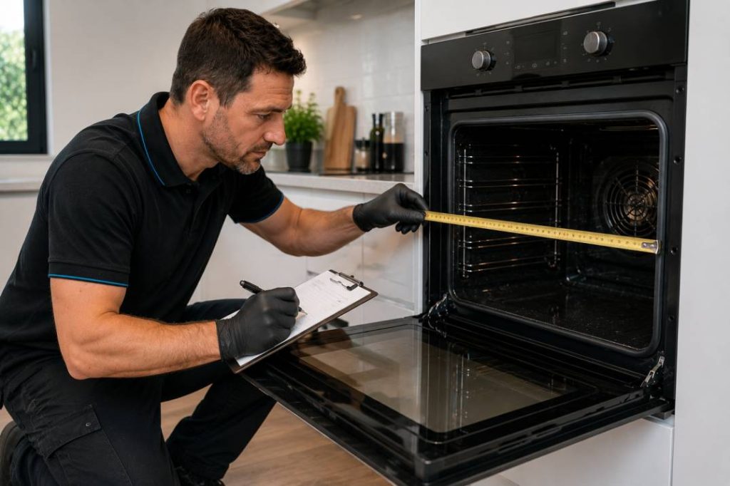 Professional oven cleaning technician in Mandurah measuring oven size before cleaning
