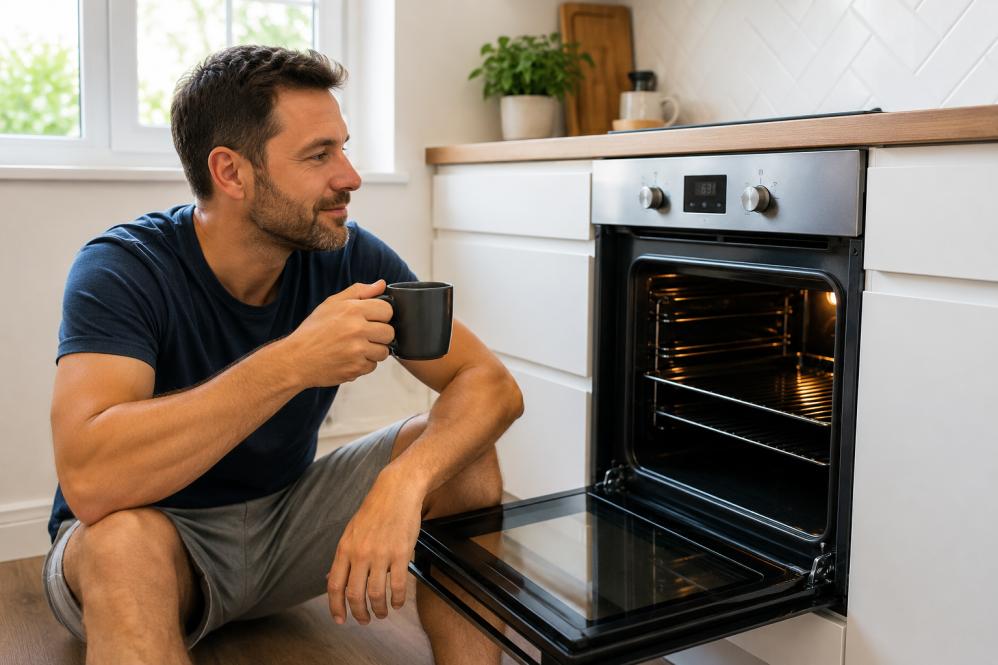 Man sitting with a coffee in front of an open oven waiting for it to cool down before cleaning the oven glass.