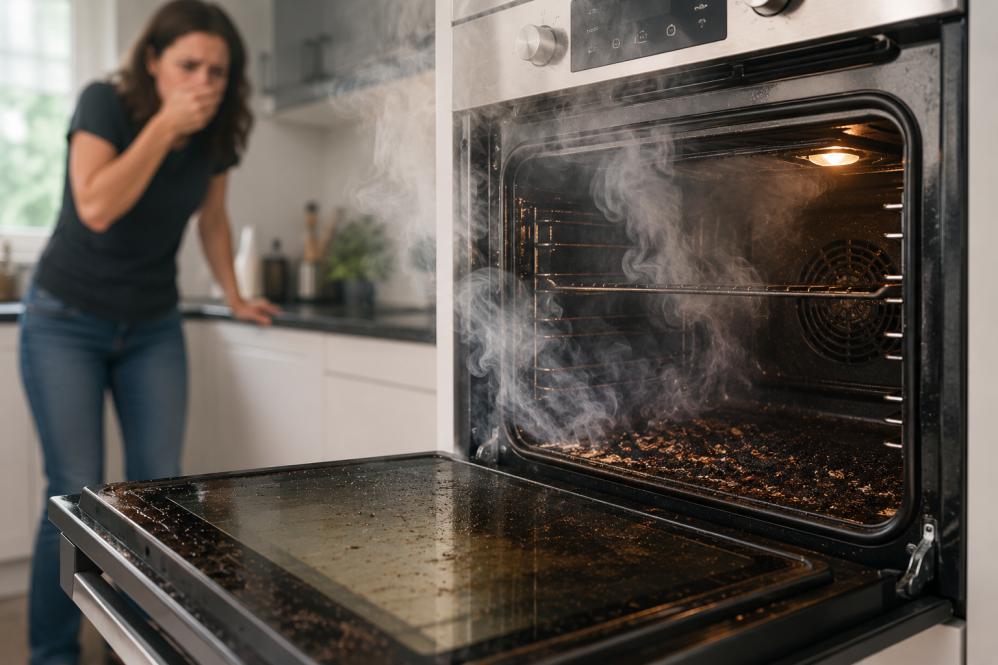 Dirty oven producing smoke during cooking due to heavy grease buildup