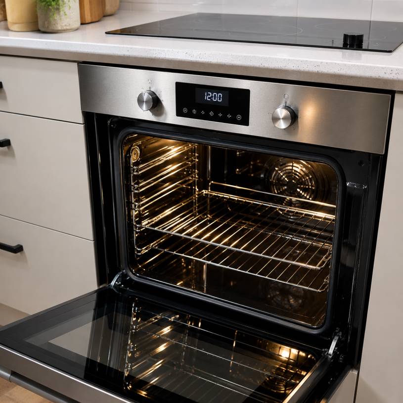 Professional oven cleaning service in Mandurah showing a spotless modern oven with the door open in a clean kitchen.