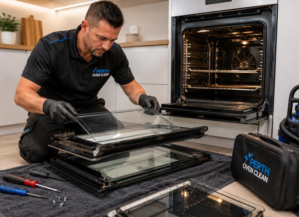 Professional oven cleaner dismantling an oven door to clean between the internal glass panels during a deep oven clean.