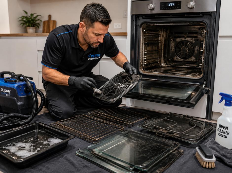 Professional oven cleaner removing oven parts and performing a detailed deep oven clean inside a modern kitchen.