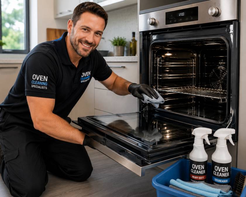 Professional oven cleaner cleaning a spotless modern oven in a home kitchen