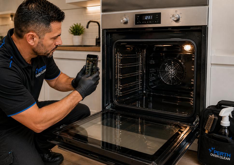 Professional oven cleaner taking photos of a freshly deep cleaned oven after completing the job.