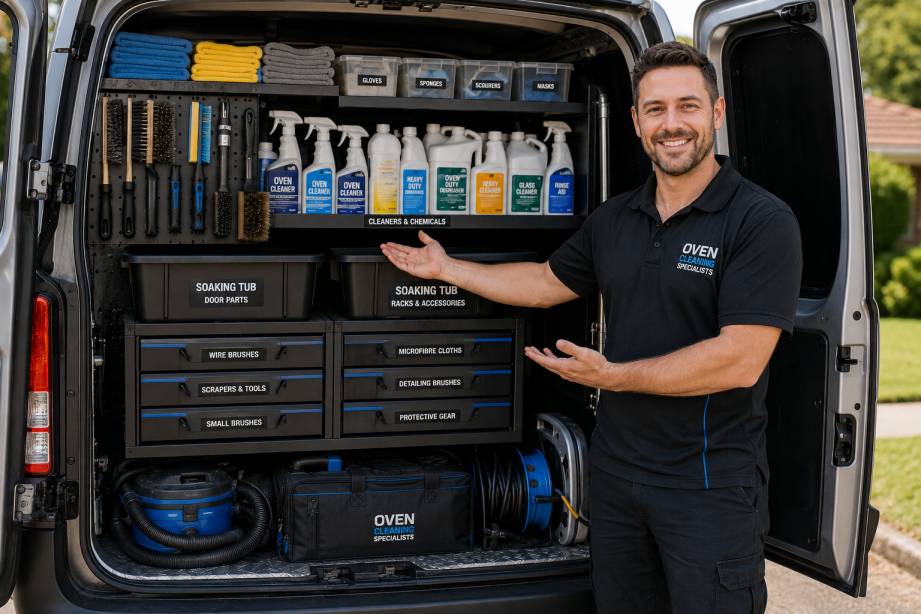 Professional oven cleaner standing beside a fully equipped oven cleaning van with tools and chemicals