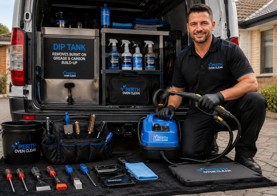 Professional oven cleaner standing beside a work van showing steam cleaner, dip tank, and specialist oven cleaning tools.