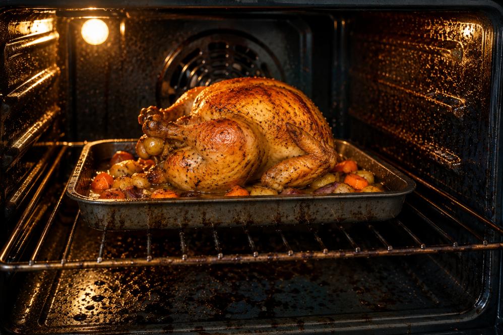 Roast chicken cooking inside oven causing grease buildup