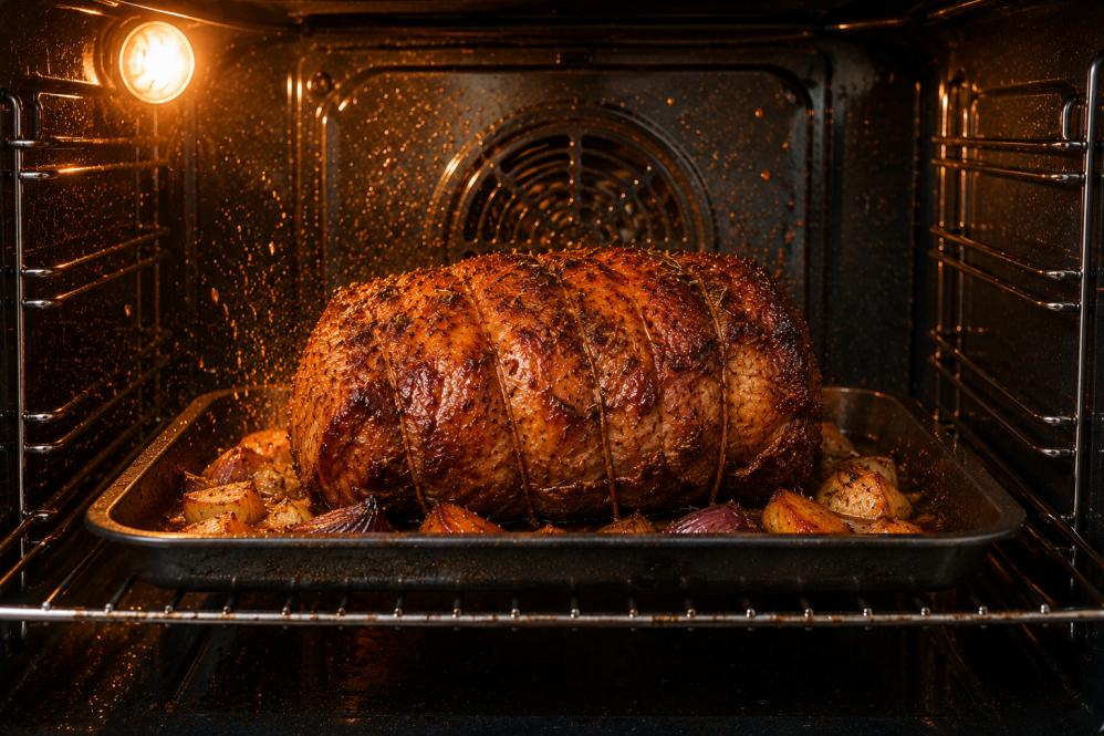 Roast meat cooking in oven with grease splattering around the oven interior