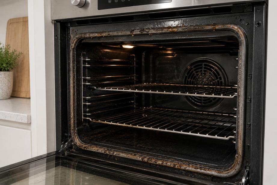 Self-cleaning oven with grease buildup around seals in Mandurah kitchen