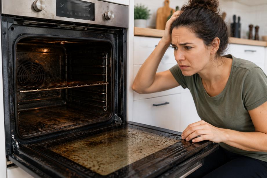 Frustrated homeowner looking at dirty self-cleaning oven in kitchen