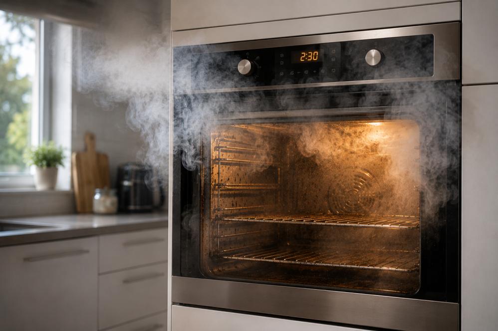 Self-cleaning oven producing smoke in modern kitchen