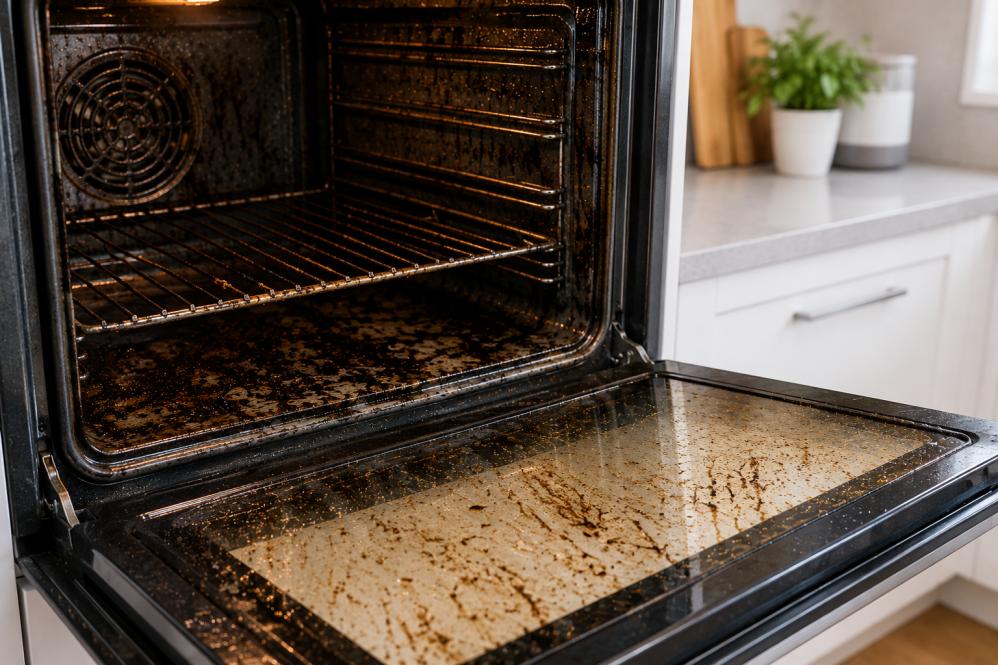 Dirty oven with grease buildup and stained oven glass