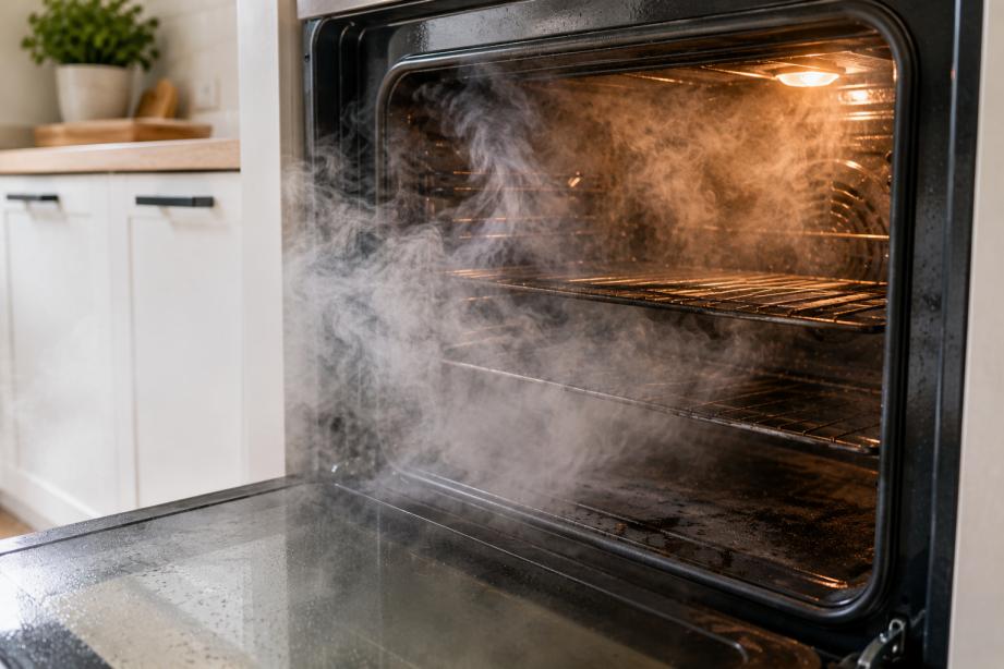 Smoky oven in kitchen caused by grease and carbon buildup