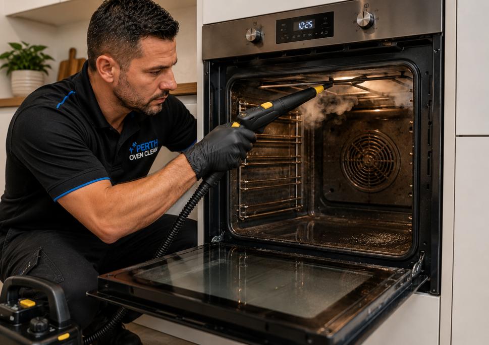Professional oven cleaner using a steam cleaner around the top heating element during a deep oven clean.