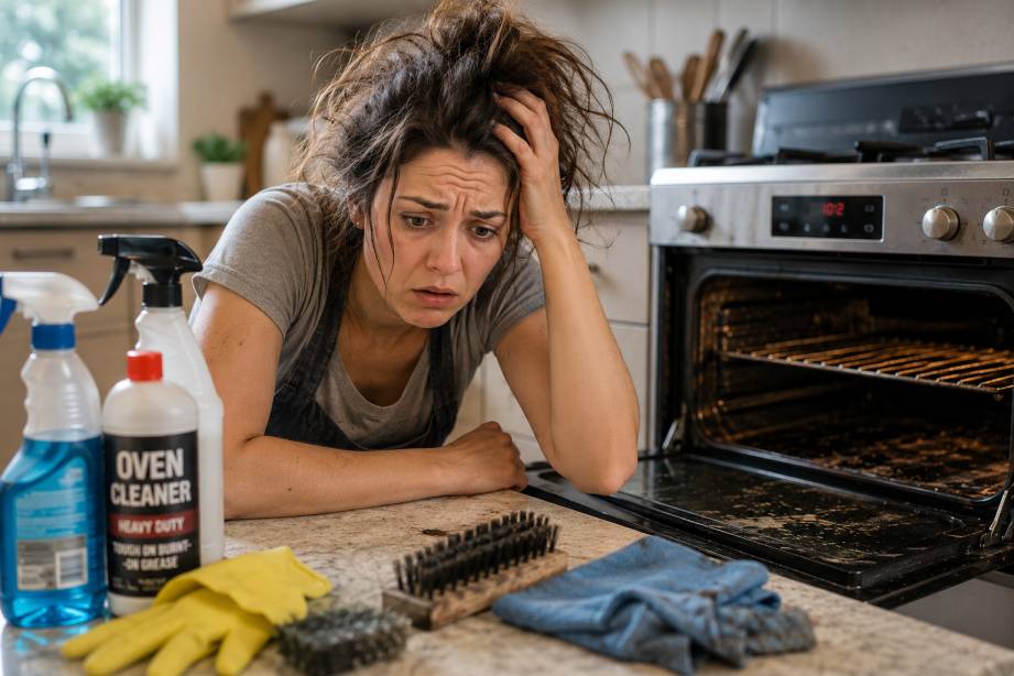 Frustrated homeowner leaning on kitchen bench after struggling with DIY oven cleaning