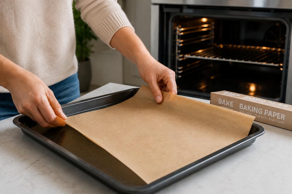 Person placing baking paper onto oven tray before cooking