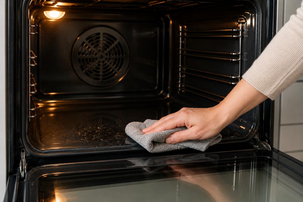 Person wiping small spills inside a warm oven with a cleaning cloth