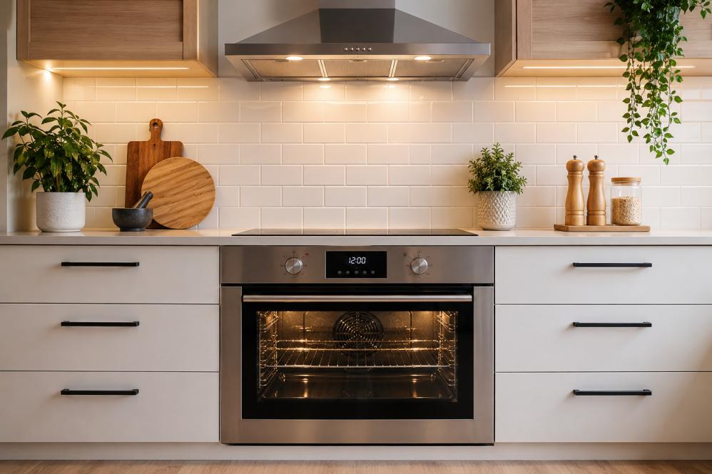 Clean modern kitchen with shiny oven, cooktop and stainless steel rangehood