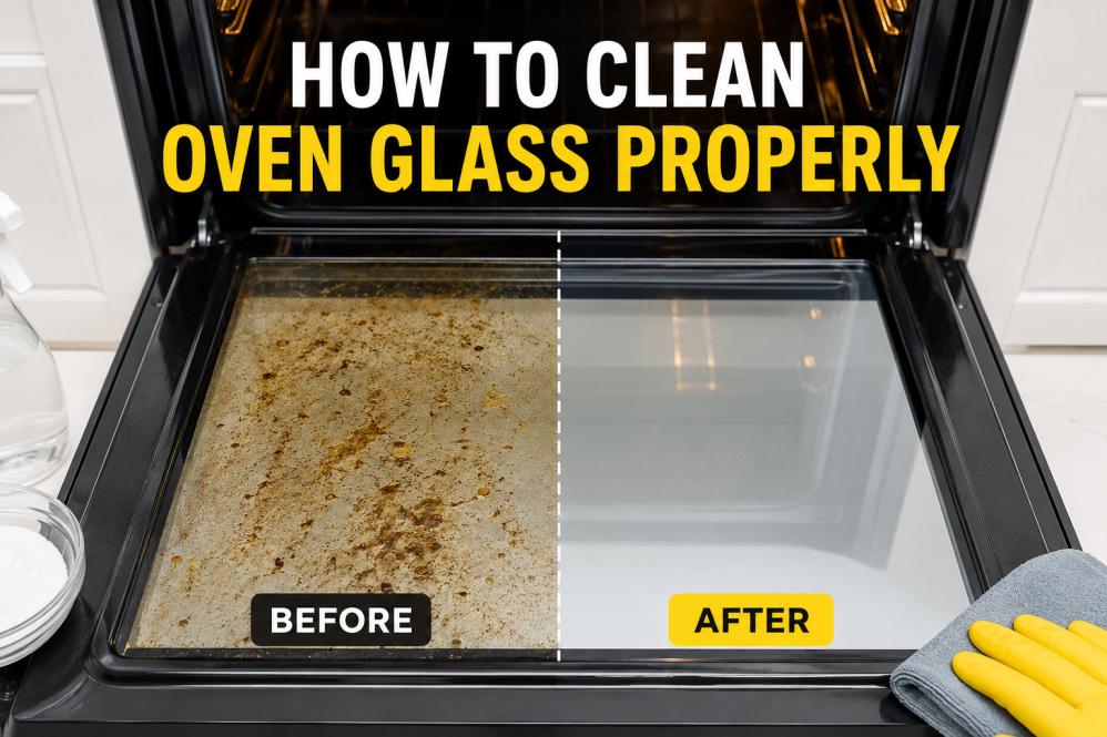 Half-cleaned oven door glass showing the difference between baked-on grease and professionally cleaned oven glass.