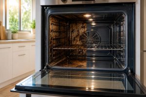 Dirty and professionally cleaned oven comparison in Mandurah home