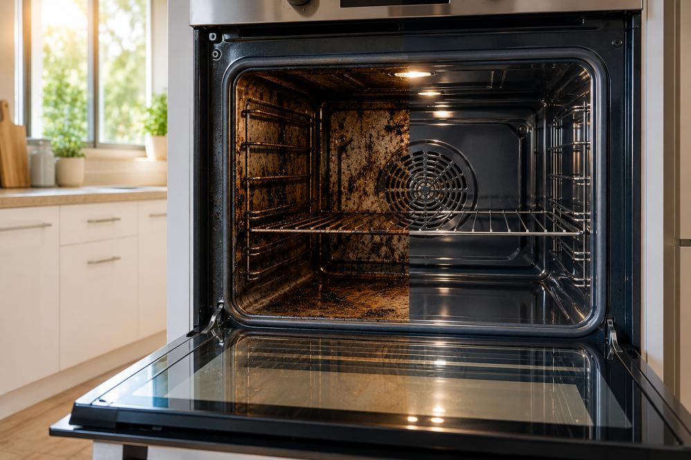 Dirty and professionally cleaned oven comparison in Mandurah home