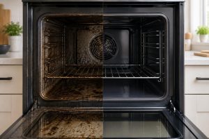 Professional Mandurah oven cleaning showing dirty and clean oven comparison