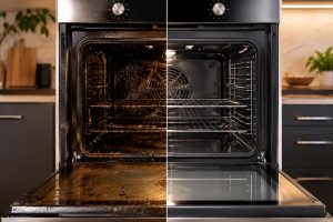 Before and after professional oven cleaning showing dirty and sparkling clean oven